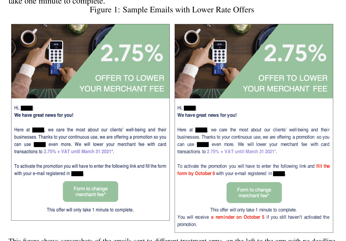 Gertler et al. (2025) Figure 1: sample emails from the Clip Mexico experiment with a 2.75% offer to lower the merchant fee, including a deadline and a pre-announced reminder.